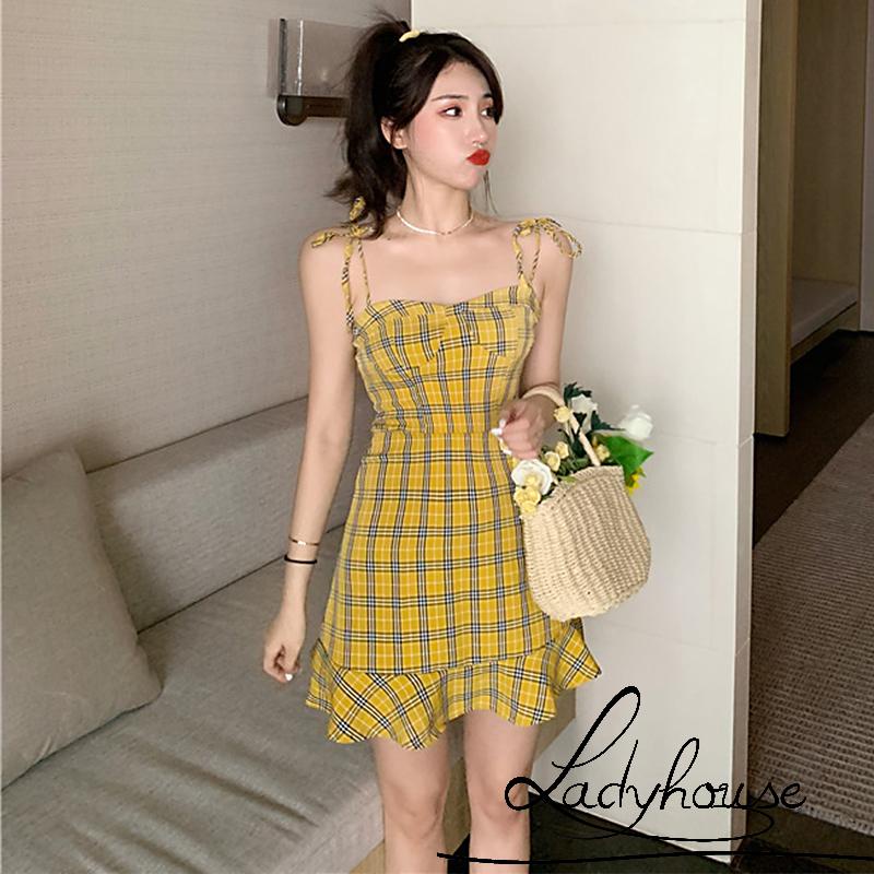 Đầm Hai Dây Không Tay Họa Tiết Caro Thời Trang Mùa Hè Cho Nữ