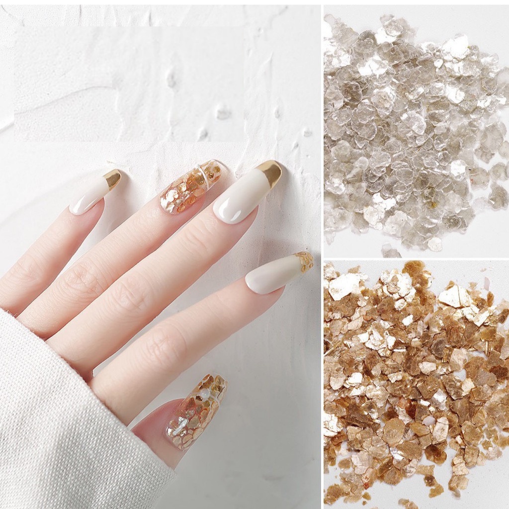 Khảm trai nail trang trí móng 2 màu Vàng/Bạc, nhũ vảy xà cừ, vảy cá