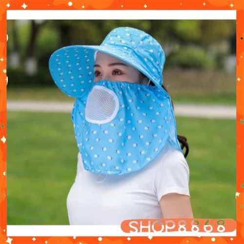 Mũ che nắng cotton có khẩu trang kèm bảo vệ sức khỏe kèm dây thắt chống Tia UV-shop8868