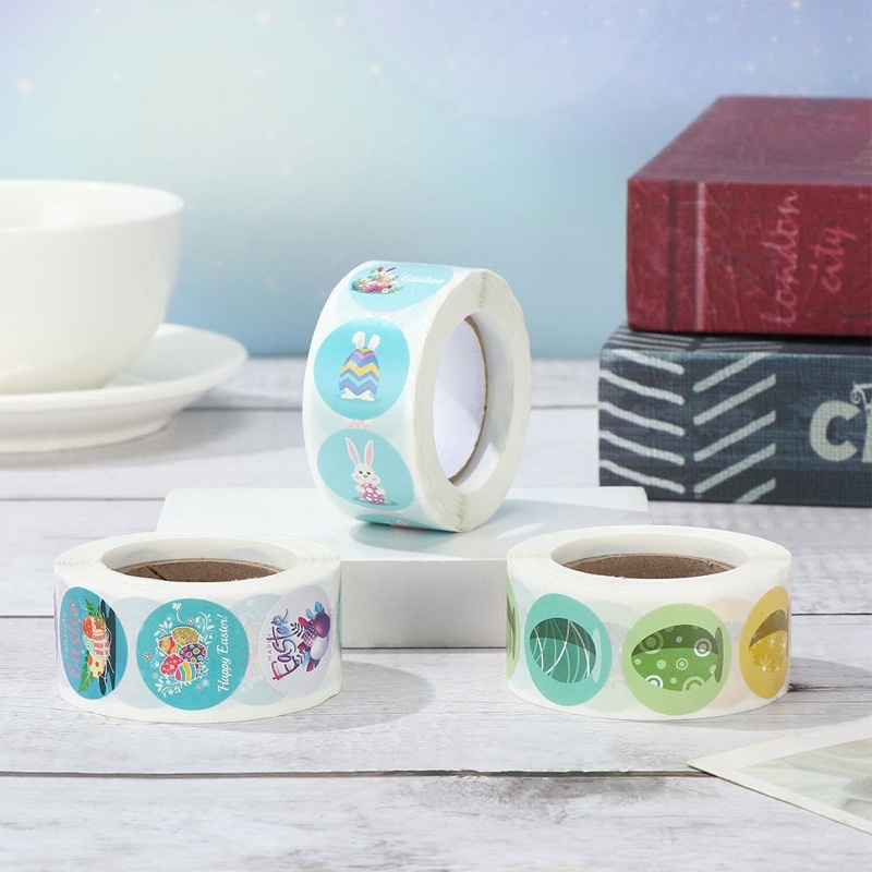 (Giao đơn từ 30k) 100 sticker tròn mừng Lễ Phục Sinh (Easter), có sẵn keo dán sẵn mặt sau dùng dán trứng, kẹo, bánh quy