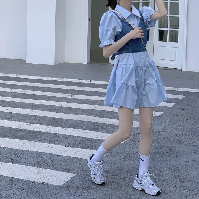 Xiaozhainv Đầm tay phồng/Áo hai dây vải denim kiểu retro xinh xắn cho bạn gái | BigBuy360 - bigbuy360.vn