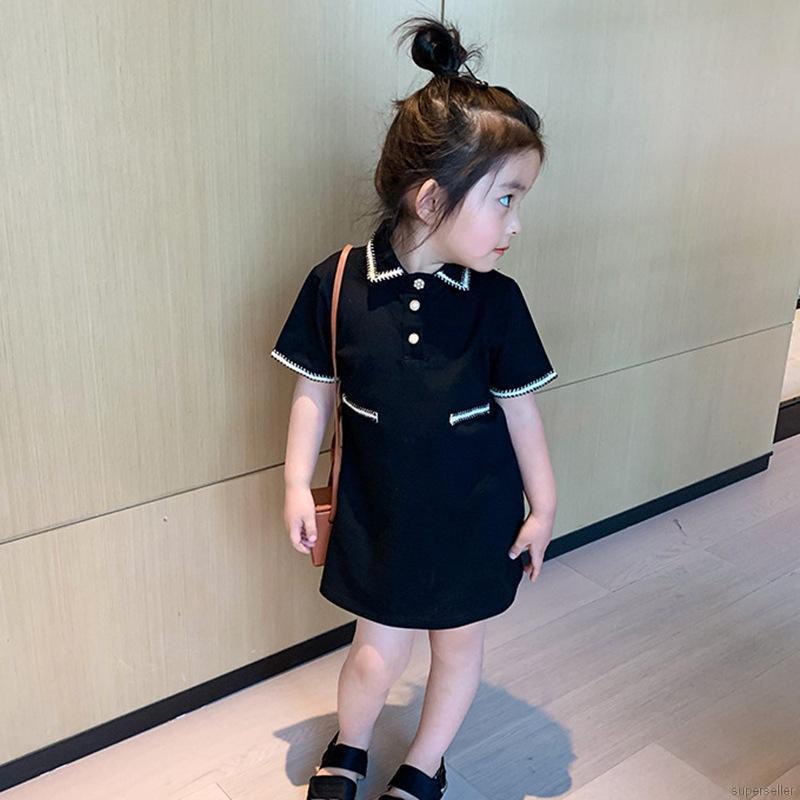 Đầm cổ bẻ tay ngắn phối màu tương phản phong cách hè thời trang Hàn Quốc cho bé gái