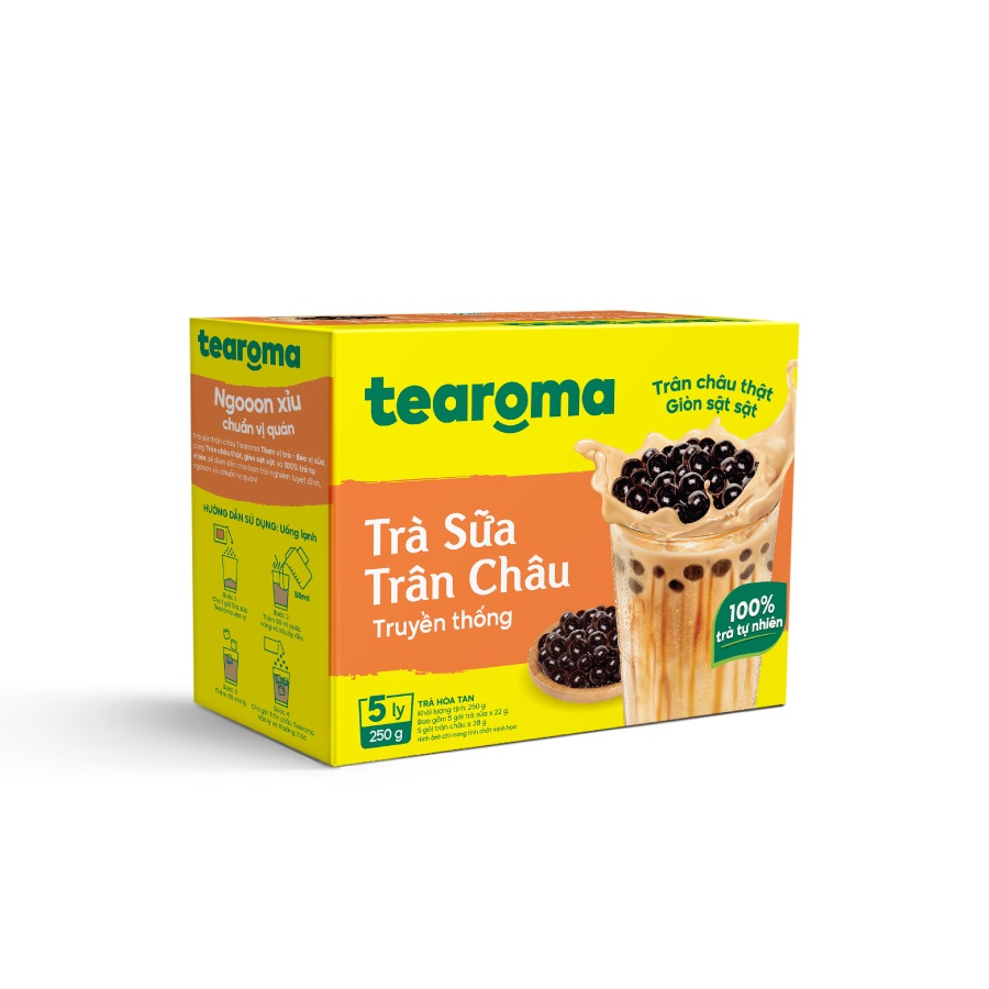 Trà sữa trân châu Tearoma truyền thống (Hộp 5 ly/ 250g, 5 gói trà sữa x 22g, 5 gói trân châu x 28 g)