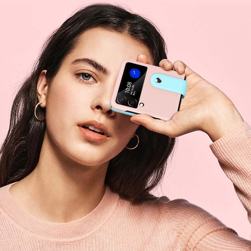 Bao Da Điện Thoại Nắp Lật Phối Màu Tương Phản Có Dây Đeo Tay Cho Samsung Galaxy Z Flip 3 Flip 4 Z Flip4 Flip3 5G