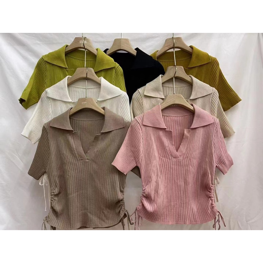 Áo Len Gân Cổ Bẻ tay Ngắn Dây Rút 2 Bên Sườn | Smide Clothing