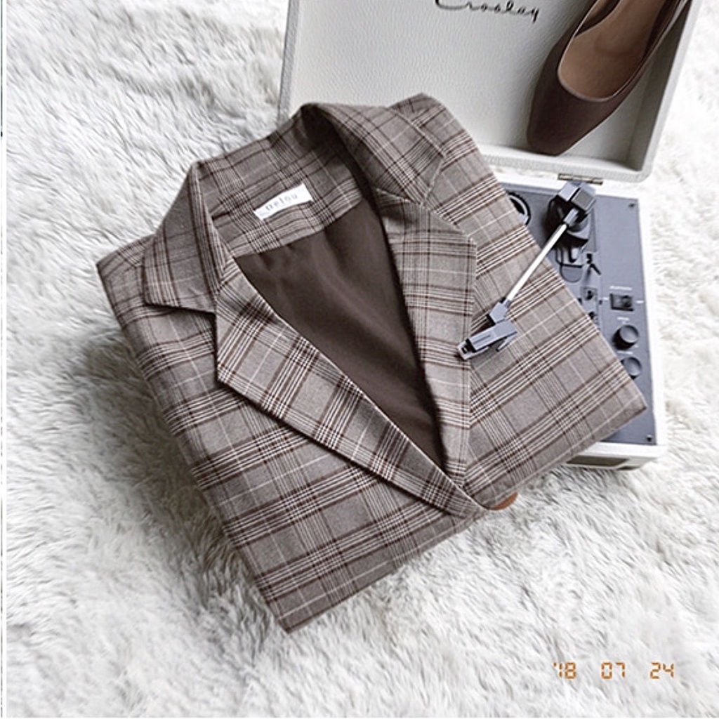 [Ảnh thật] Áo blazer kẻ caro 2 lớp túi nắp phong cách Hàn Quốc - Áo vest caro dáng rộng ulzzang