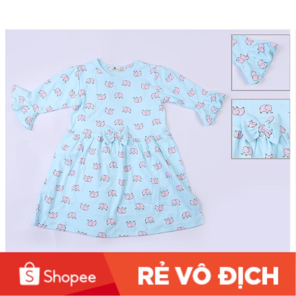 Váy cotton  tay loe nơ eo bé gái size 1-5T, cho bạn từ 9-18kg. Chất cotton dày dặn, đanh tay. Kiểu dáng đẹp