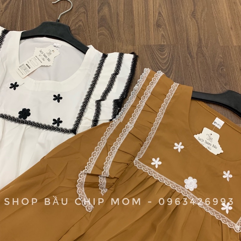 Áo bầu TK tay cánh tiên, cổ bèo hoa thêu xinh xắn mềm mát AH10
