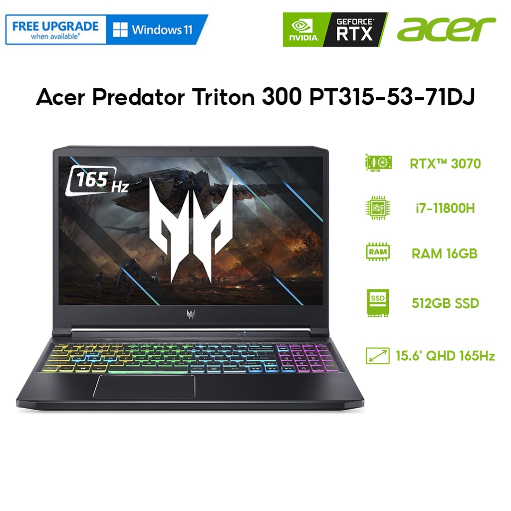 Laptop Acer Predator Triton 300 PT315-53-71DJ i7-11800H | 16GB | 512GB | GeForce RTX™ 3070 8GB | 15.6' QHD 165Hz | W10