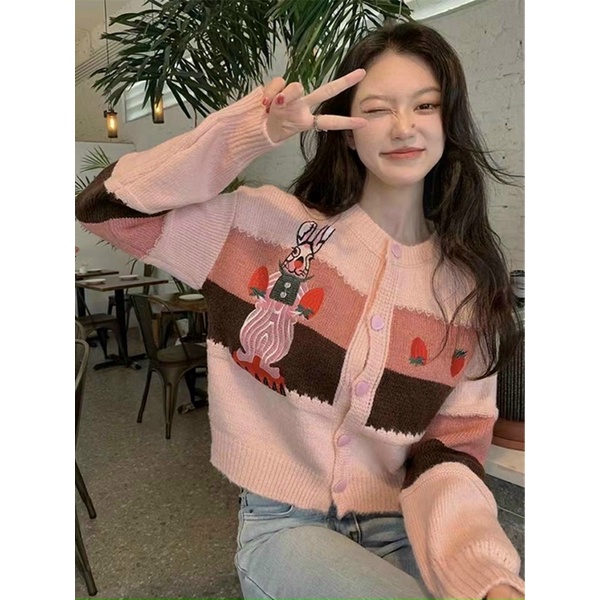Áo len cadigan nữ chú thỏ cà rốt phối màu vintage