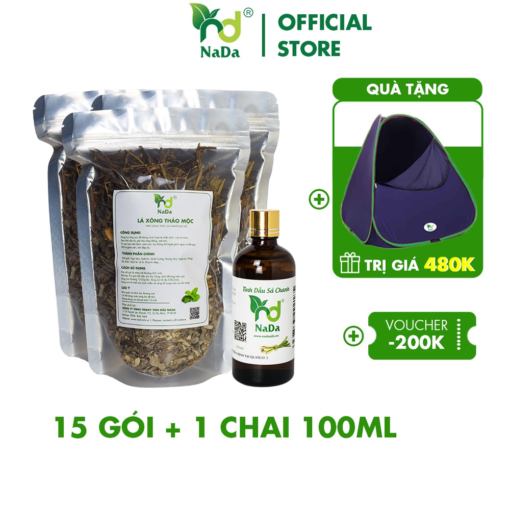 COMBO 15 Gói lá xông thảo mộc NADA và 1 Tinh dầu sả chanh 100ml | Xông hơi toàn thân - Tăng sức đề kháng