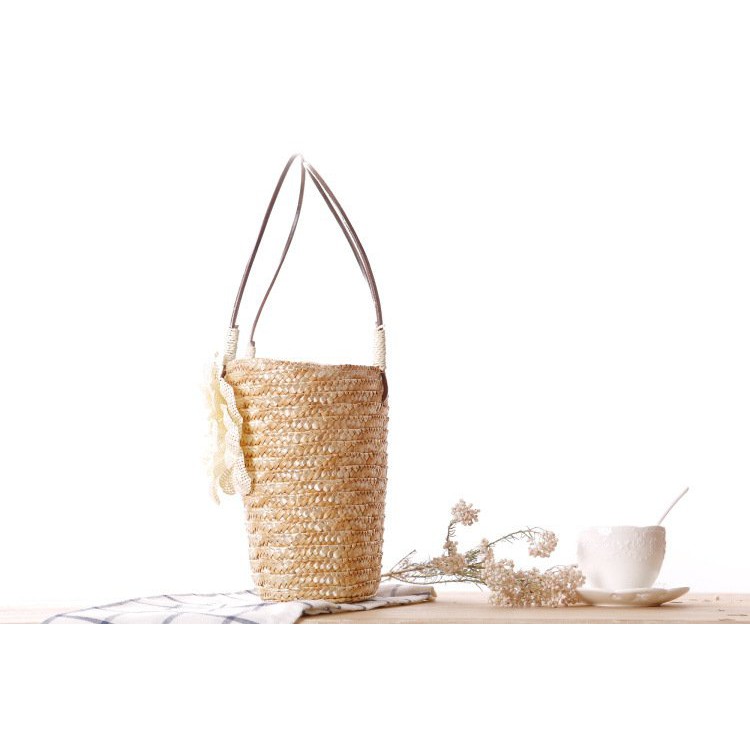 [NowShip - Giao Ngay] Túi Cói Boho Vintage Đeo Vai, Đeo Chéo Hình Tròn Dây Da Màu Nâu Be Trơn