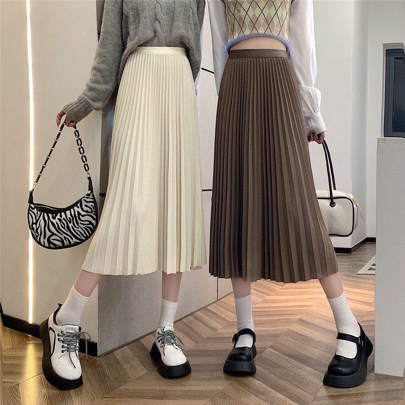 Chân váy midi dáng chữ A lưng cao xếp ly xinh xắn cho nữ