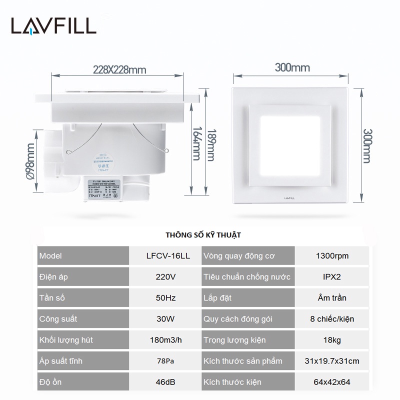 Quạt thông gió hút mùi âm trần với đèn LED vuông, độ ồn nhỏ, hút khỏe với bề mặt 300x300mm LAVFILL LFCV-16LL