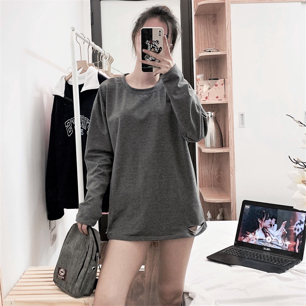 Áo sweater dài tay rách gấu Bingshop vải nỉ da cá dày dẹp freeship