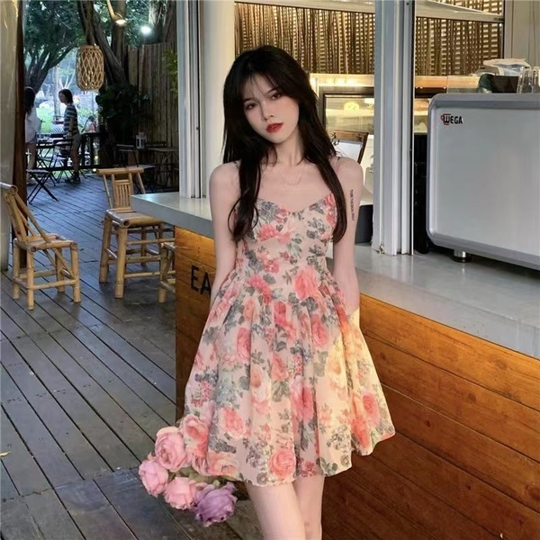 Đầm PERTY chữ A hai dây eo cao họa tiết hoa phong cách Hàn Quốc hàng mới dành cho bạn nữ