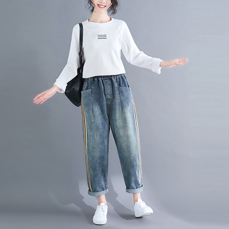 CÓ SẴN SIZE XL B133 Quần bò dáng suông cạp chun,sọc 2 bên thời trang