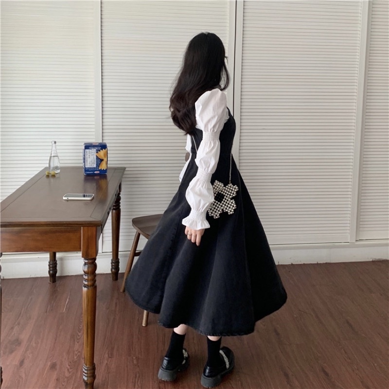 Váy yếm jeans hai dây denim phong cách trẻ trung năng động dáng chữ A