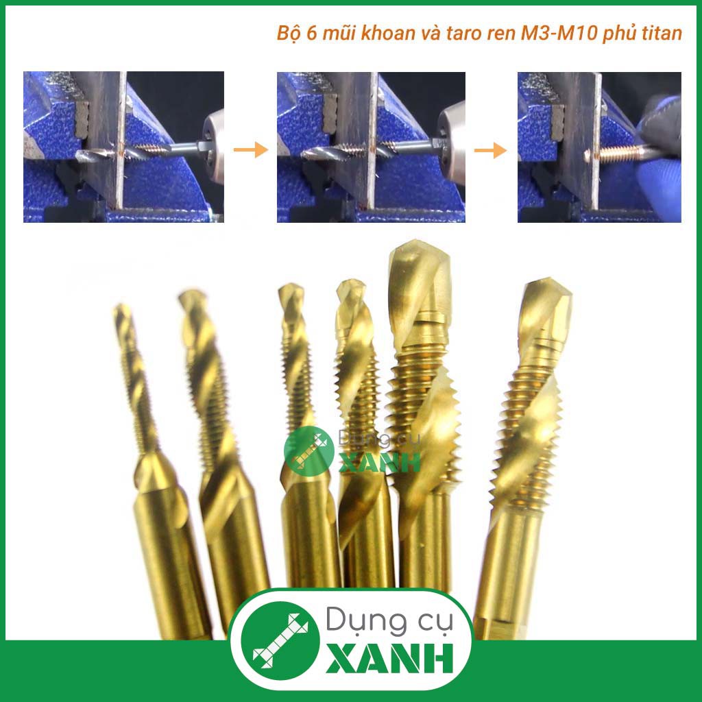 Bộ 6 mũi khoan taro M3-M10 thép HSS 6542 phủ titanium, tạo ren inox, doa âm mũ vít