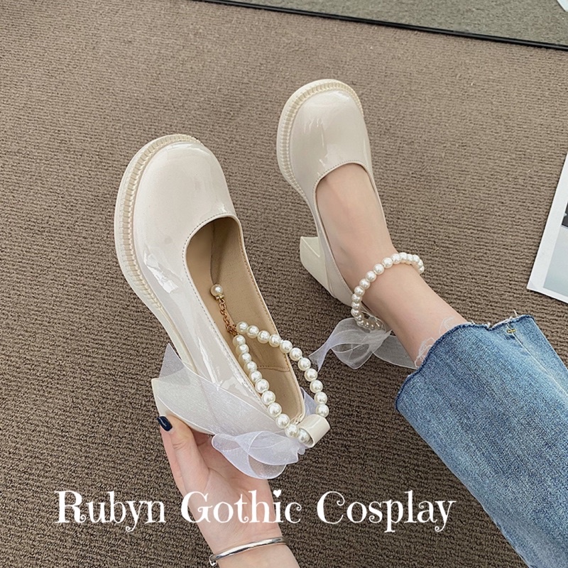 [Sẵn-nên lùi 1 size]Giày Lolita Cao gót tiểu thư quai hạt đính nơ ( Trắng, đen ) Size 35 - 39 D818