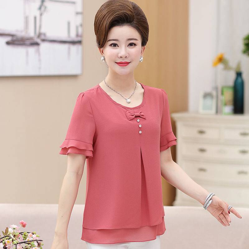 Short-sleeved T-shirt, chiffon shirt, middle-aged women's plain plus size T-shirt
