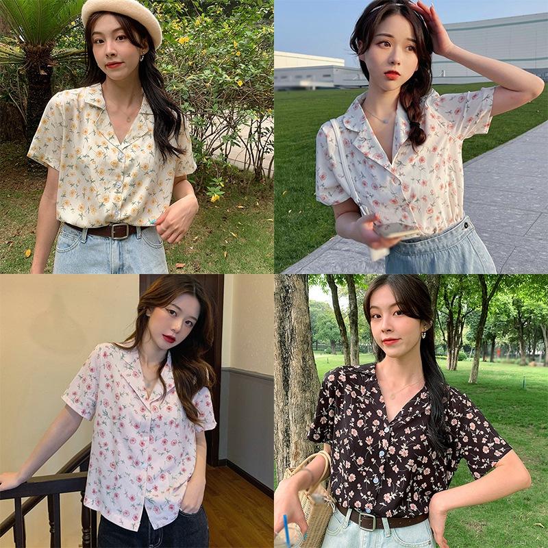 Áo Kiểu Tay Ngắn Chất Chiffon Hoạ Tiết Hoa Cho Nữ
