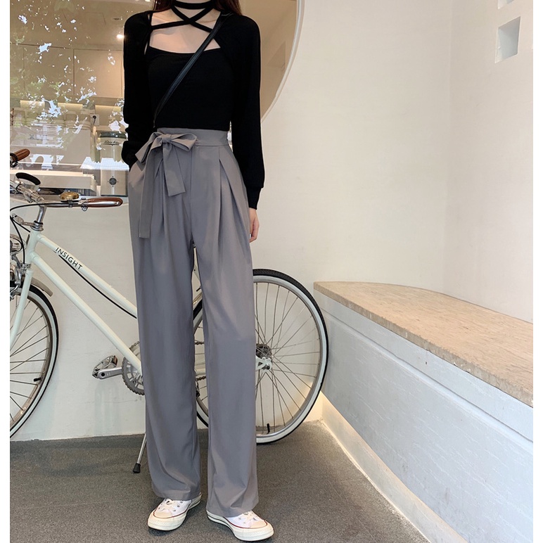 SUXI Quần Dài Lưng Cao Ống Rộng Màu Sắc Đơn Giản Dễ Phối Đồ