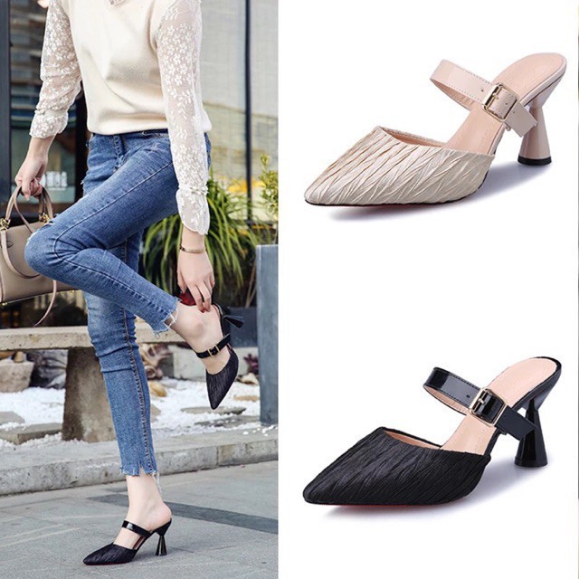 (Order 7-12 ngày)(sz 34-39) ảnh thật - Giày sục da PU sần mũi nhọn quai ngang gót cách điệu tròn cao 8cm