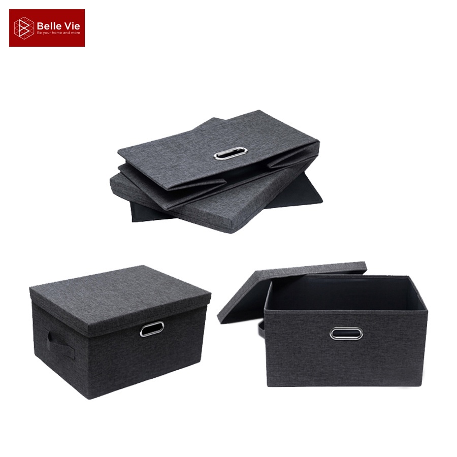 Hộp Vải Đựng Quần Áo Gấp Gọn BELLEVIE Hộp Đựng Đồ Đa Năng Có Nắp Quai Inox Chắc Chắn và 2 Quai Vải HVCN-QInox