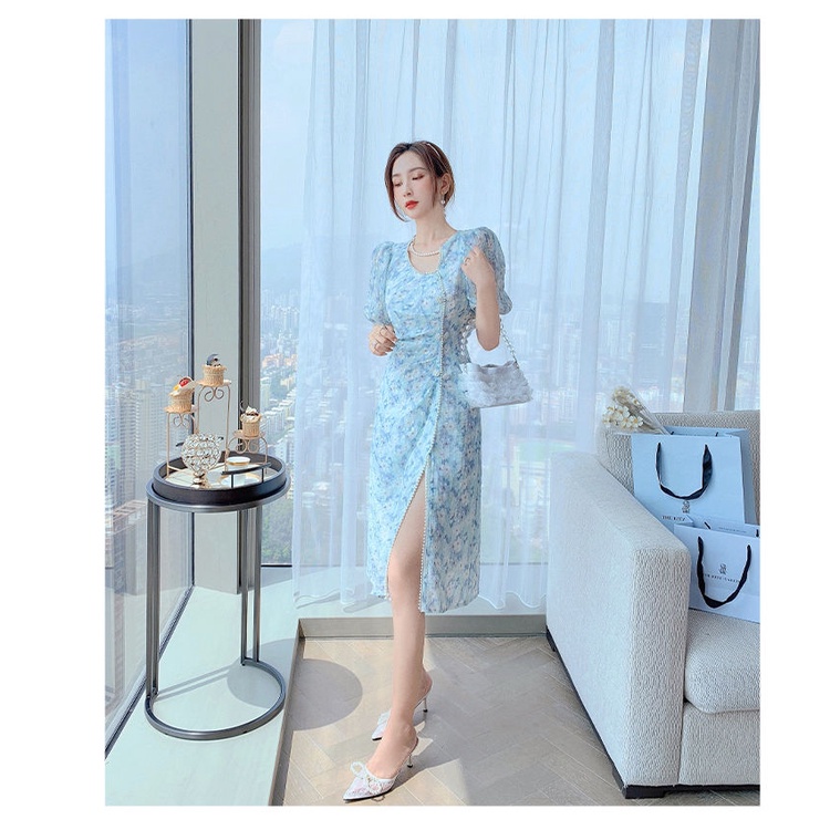 Đầm Tay Ngắn Màu Xanh Dương In Hoa Thời Trang Mùa Hè Phong Cách Pháp Hiện Đại Mới Cho Nữ | BigBuy360 - bigbuy360.vn