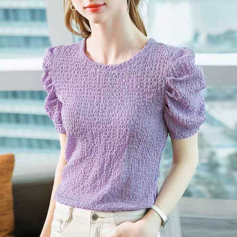 Áo Vải Voan Công Nghệ Cao Xếp Ly Dáng Rộng Tay Phồng Cổ Tròn Thời Trang Mùa Hè Hàng Mới Dành Cho Bạn Nữ