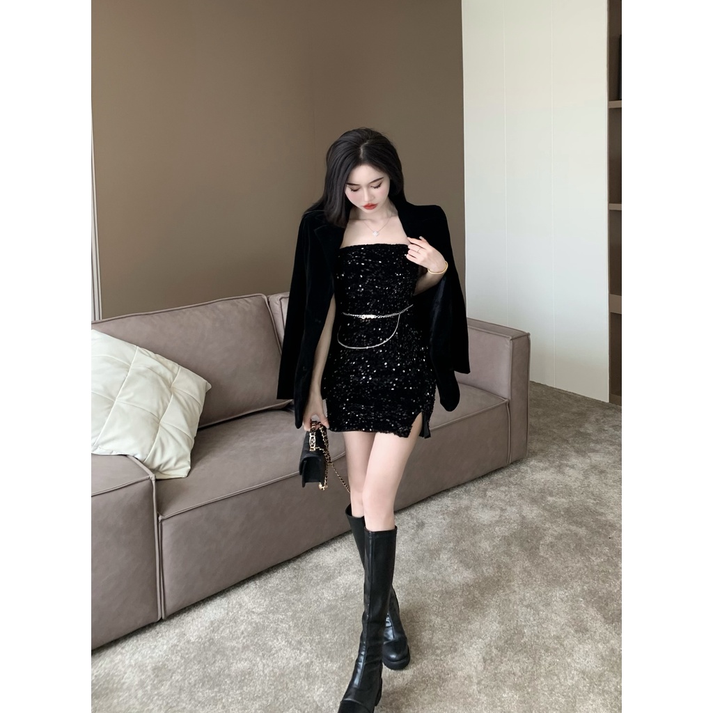 Set Đầm Nhung 3 Món Phối Áo Khoác Blazer Đính Kim Sa Lấp Lánh Thời Trang Sang Trọng