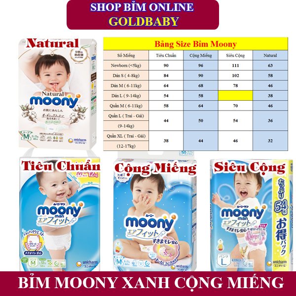 Bỉm Dán/Quần Moony Cộng miếng/Siêu cộng/ Natural/ Tiêu chuẩn nội địa Nhật size NB111/ S102/M76/L54/XL46...