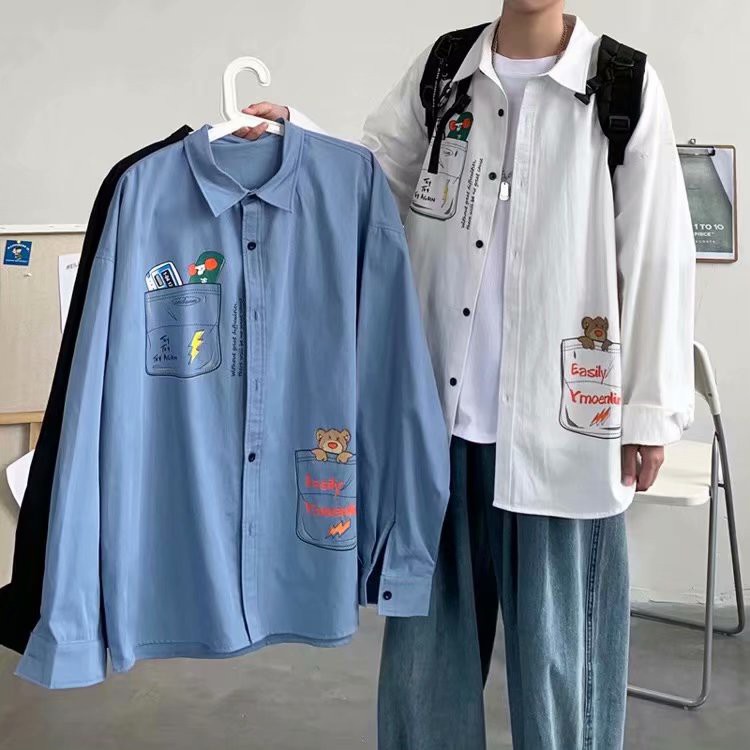 Áo Sơ Mi Tay Dài Dáng Rộng In Hoạt Hình Graffiti Kiểu Hàn Quốc Cá Tính Cho Nam Size M-2Xl