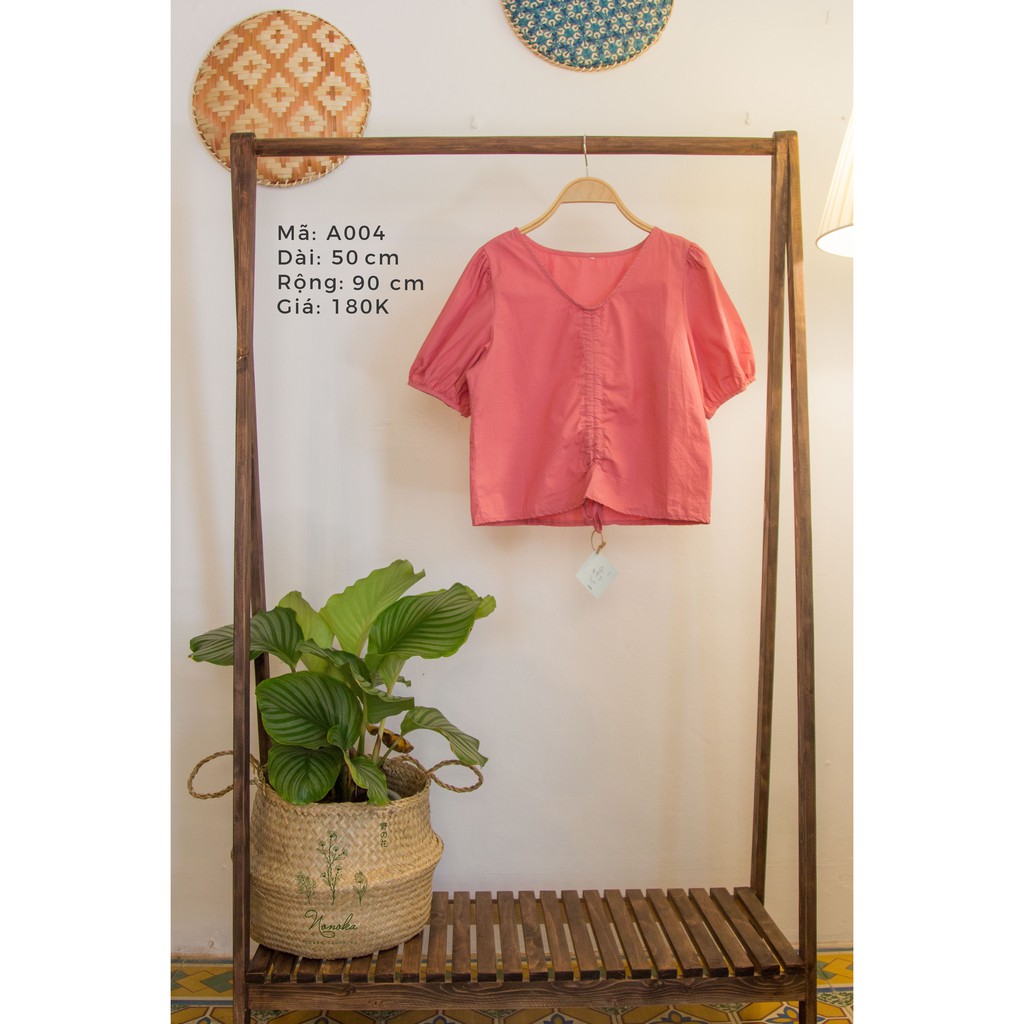 Áo nữ 2hand kiểu dây rút giữa màu hồng vải linen