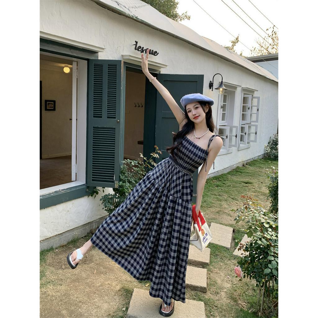 「 WELOVE1 」Đầm Midi Hai Dây Dáng Vừa Kẻ Sọc Caro Nhiều Màu Phong Cách Pháp Cho Nữ