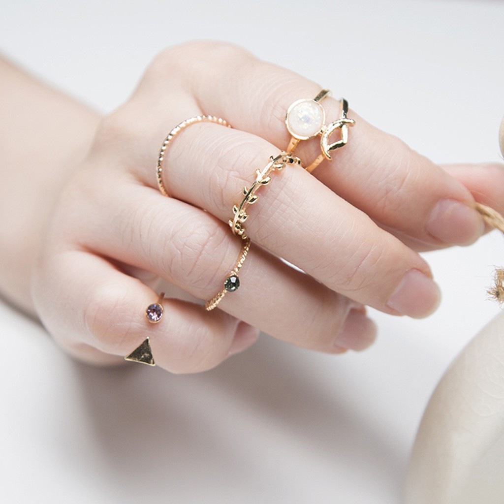 Bộ 5 Nhẫn Midi Hình Chiếc Lá Đính Đá Opal Cho Phái Nữ