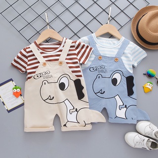 Bộ Trang Phục 2 Món Gồm Áo Thun Cổ Thuyền Kẻ Sọc Và Quần Yếm Hình Khủng Long Dễ Thương Cho Bé 0-4 Tuổi