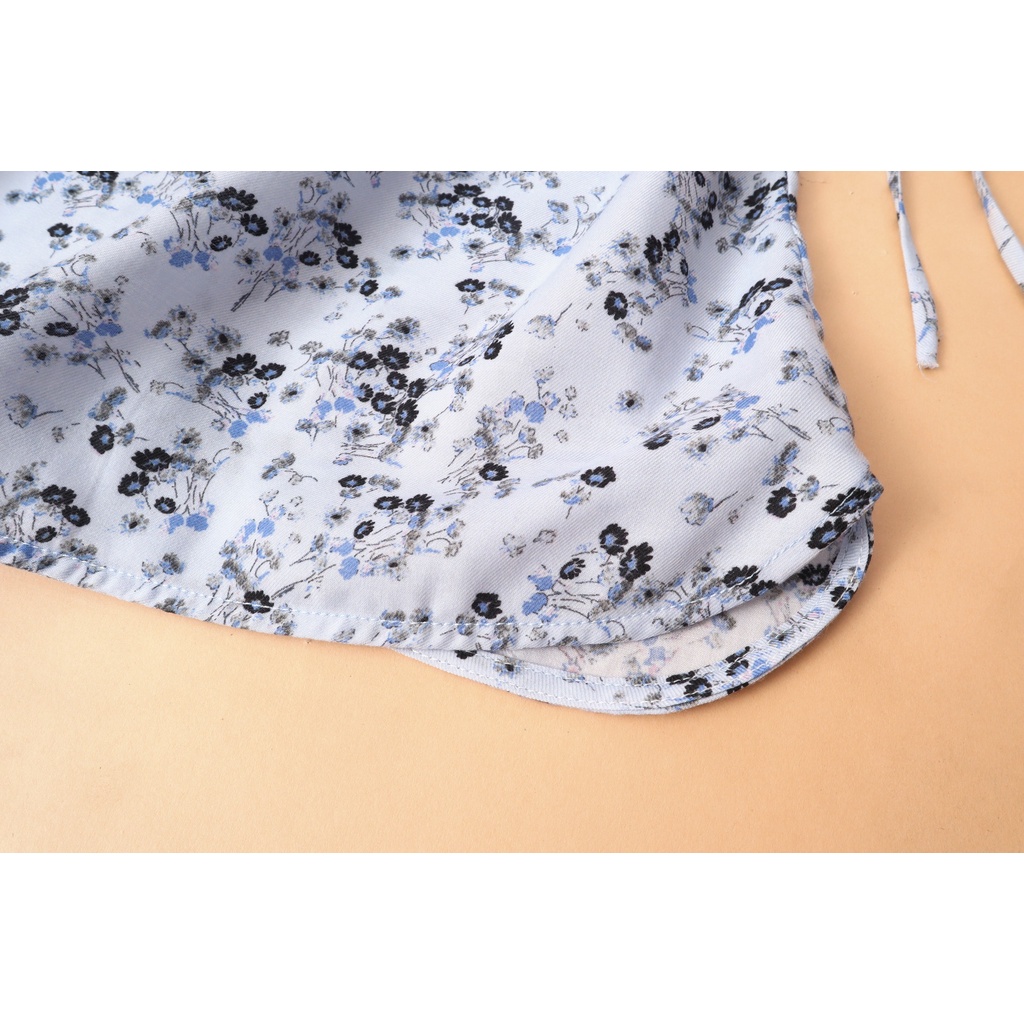 Áo kiểu cánh dơi nữ cotton KACHISA dây rút vai hoa màu xanh, họa tiết hoa văn xinh xắn