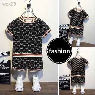 ✁✎✕Summer new boy round neck short-sleeved top suit fashion T-shirt + shorts two-piece suit