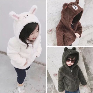 Áo khoác lông thỏ trắng mũ thỏ hồng bé gái