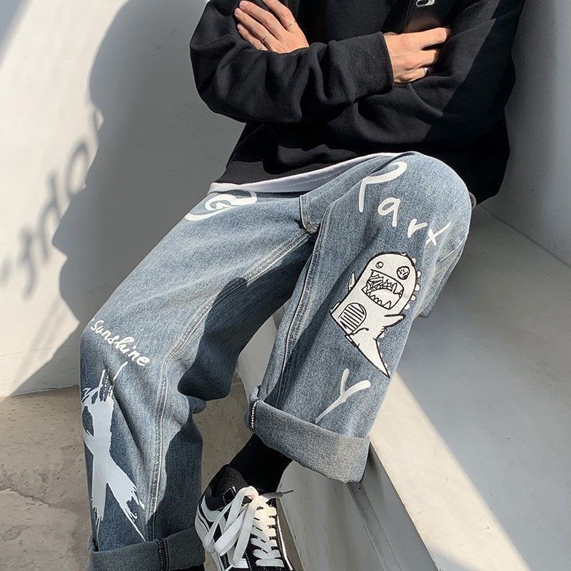 Quần Jean Ống Rộng Họa Tiết Hoạt Hình Graffiti Phong Cách Hip Hop Cá Tính Cho Nam | BigBuy360 - bigbuy360.vn