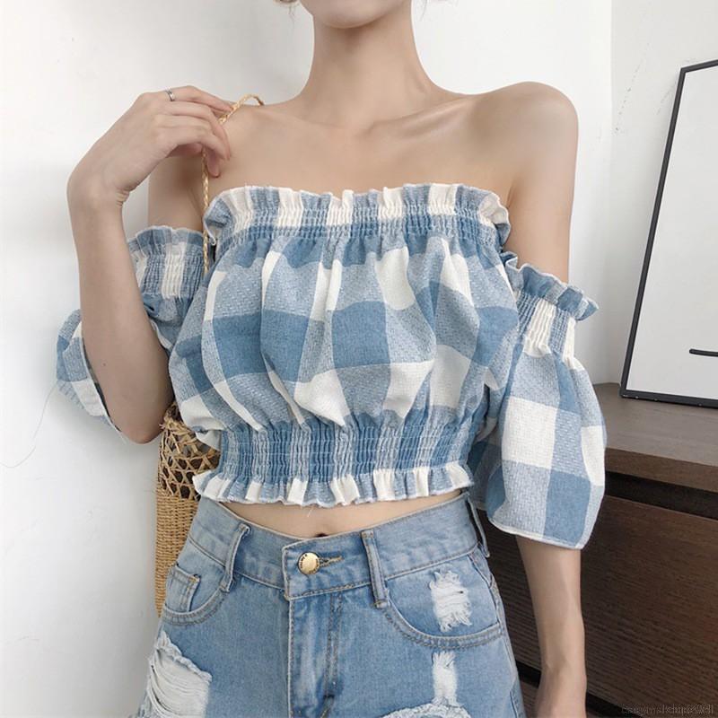 Áo Croptop Trễ Vai Kẻ Sọc Caro Xinh Xắn Cho Nữ