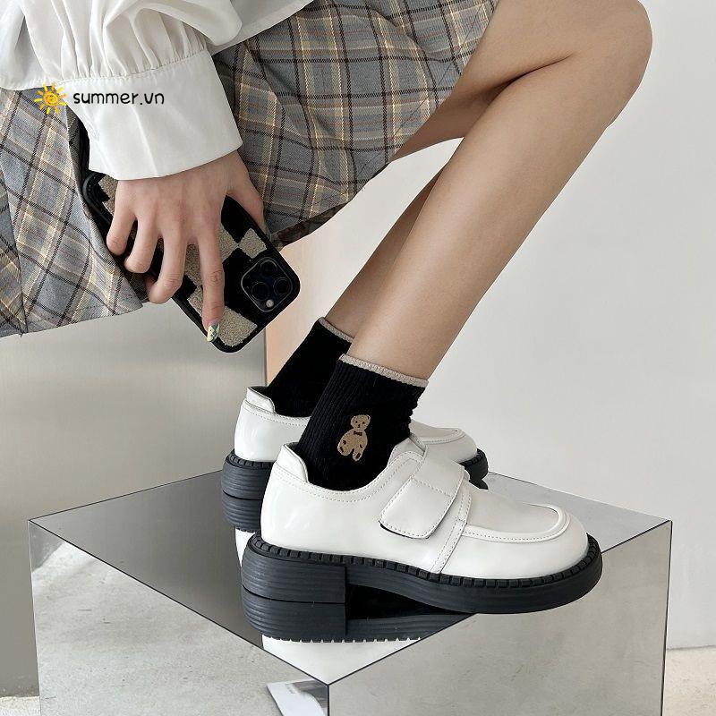 Giày Da Mềm Đế Dày Màu Đen Phong Cách Preppy Thời Trang Mùa Xuân 2022