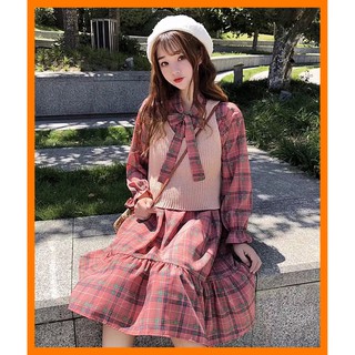 ♥️set váy kẻ+áo len ulzzang2 màu fzsize dưới 60kg
