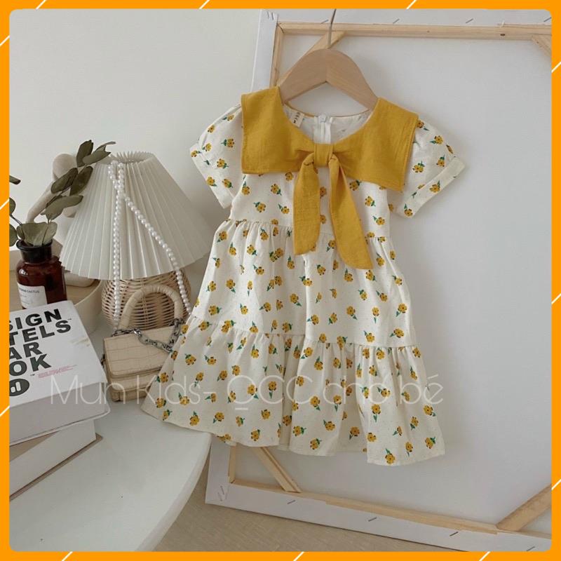 Váy công chúa bé gái-hoạ tiết hoa nhí cổ vạt nơ vàng siêu yêu-Mun kids