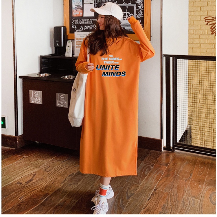 SUXI Đầm Hoodie Mỏng Cổ Tròn Dài Tay Dáng Rộng In Chữ Thời Trang Mùa Thu Năng Động