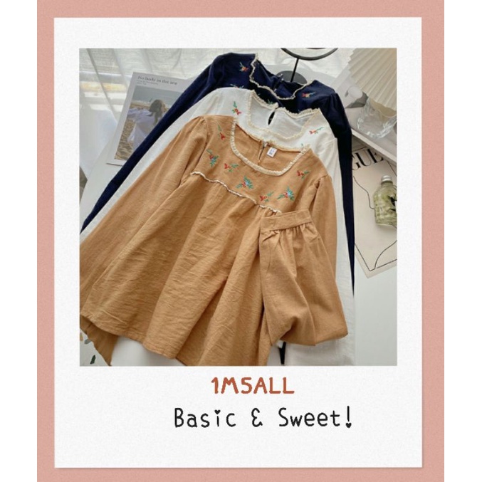 Áo babydoll dài tay thêu hoa chất cotton thô 4 màu