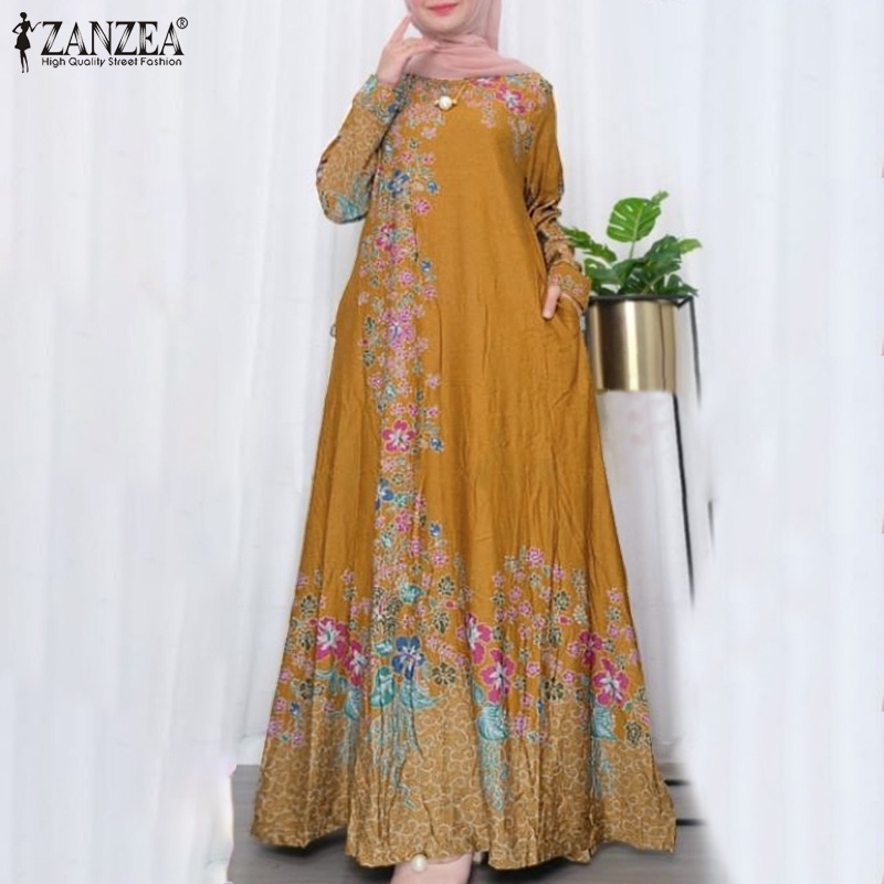 Đầm maxi ZANZEA tay dài cổ tròn in họa tiết hoa thời trang tùy chọn màu sắc dành cho nữ