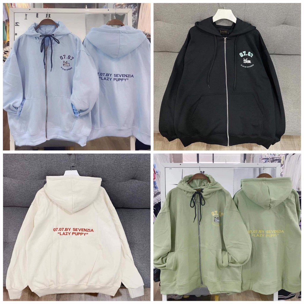 Áo Khoác Hoodie Nỉ Thun Dây Kéo Form Rộng Thêu Logo Cún Puppy Unisex